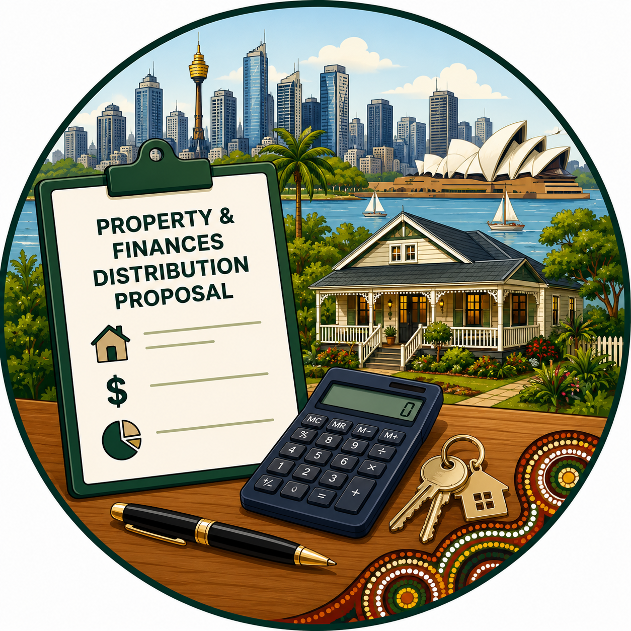 Clipboard titled 'Property & Finances Distribution Proposal' with icons, calculator, keys, and a house on a wooden desk in front of a suburban home and city skyline.