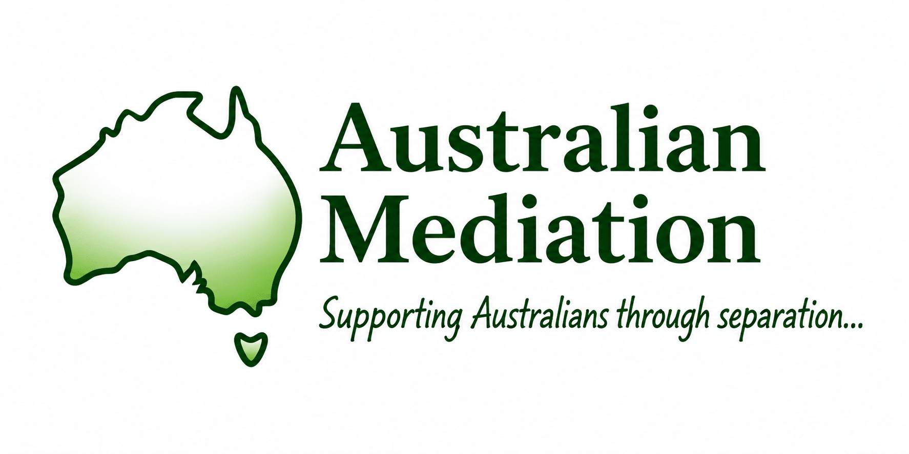 Logo for Australian Mediation: green outline map of Australia with a small leaf-shaped dot, bold 'Australian Mediation' and the slogan 'Supporting Australians through separation...'